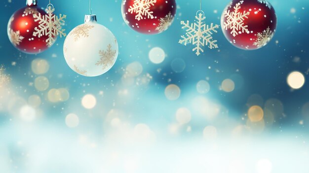 Scène de Noël festive avec décor dans la neige sur fond flou bokeh et espace de copie pour vos vœux de Noël