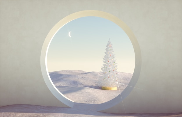 Scène de Noël hiver abstraite avec des formes géométriques, arc avec un podium à la lumière naturelle.