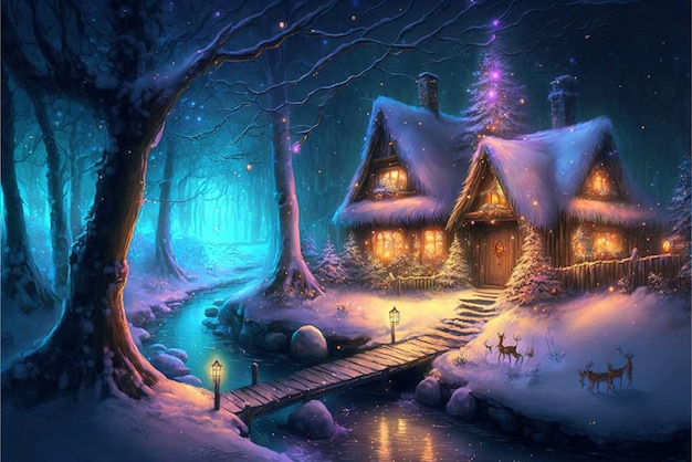 Une scène de noël avec une maison et un ruisseau.