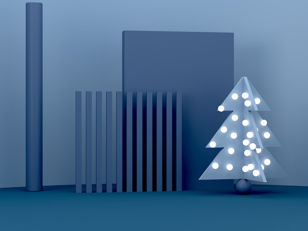 Scène de Noël minimale avec podium et arbre sur fond abstrait bleu