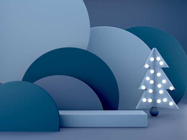 Scène de Noël minimale avec podium et arbre sur fond abstrait bleu