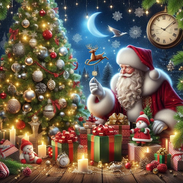 une scène de Noël avec le Père Noël et un arbre de Noël