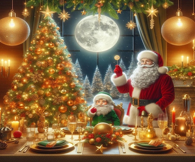 Une scène de Noël avec le Père Noël et Santa Claus sur la table.