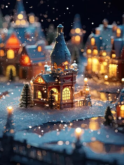 Une scène de Noël avec une petite ville dans la neige