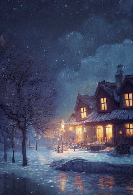 Scène de Noël en plein air avec illustration magique du ciel nocturne d'une maison de Noël avec paysage d'hiver enneigé