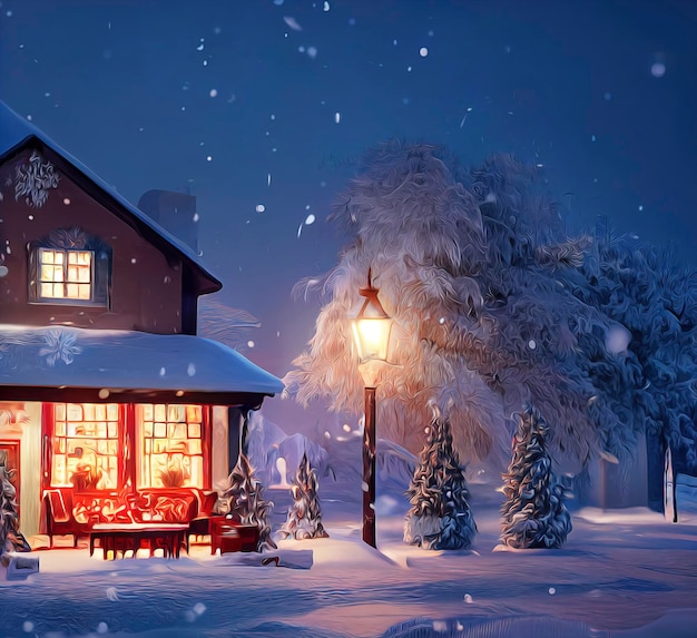 Scène de Noël en plein air illustration d'une maison de Noël avec paysage d'hiver de neige dans un village