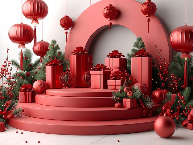 Une scène de Noël rouge avec des cadeaux et des décorations