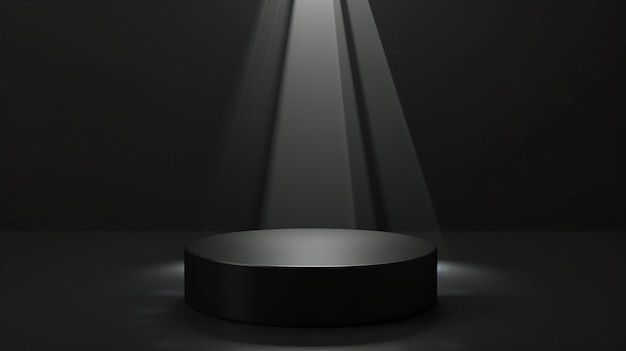 Scène noire abstraite avec un podium rond en faisceau lumineux avec maquette de point lumineux pour la présentation