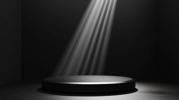 Scène noire abstraite avec un podium rond en faisceau lumineux avec maquette de point lumineux pour la présentation