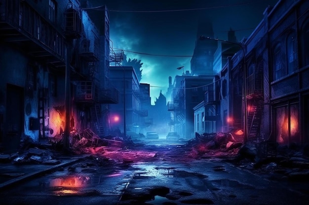 une scène de nuit avec une bouche d'incendie et une rue avec une lumière rouge