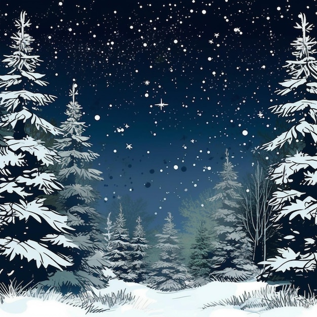 Scène de nuit enneigée avec arbres et flocons de neige ai générative