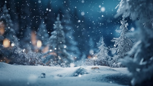 scène de nuit enneigée avec des arbres et des flocons de neige au premier plan