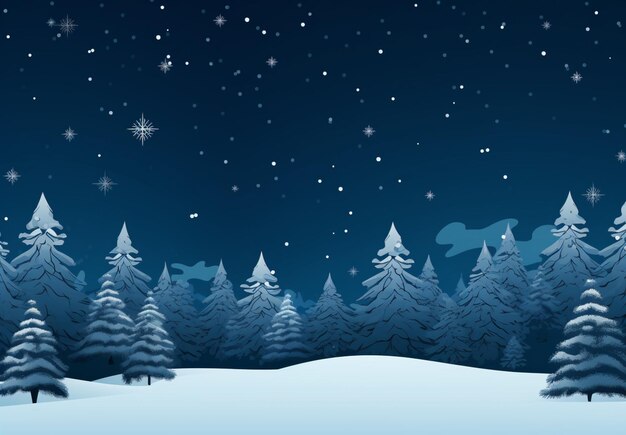 Scène de nuit enneigée avec des arbres et des flocons de neige