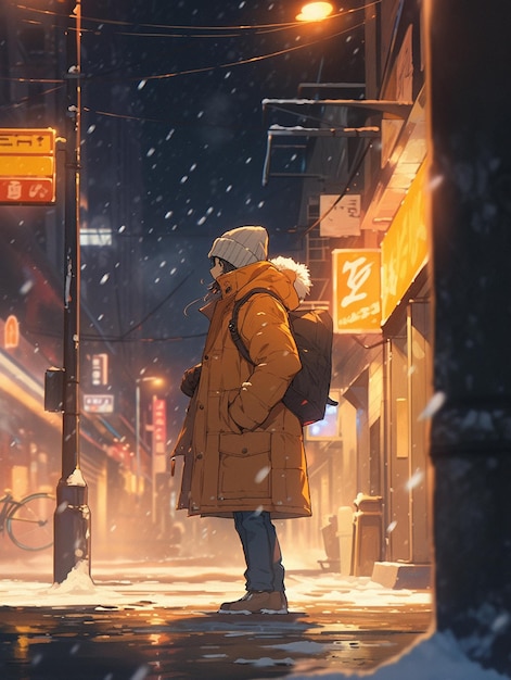 scène de nuit enneigée d'un homme debout sur une rue de la ville générative ai