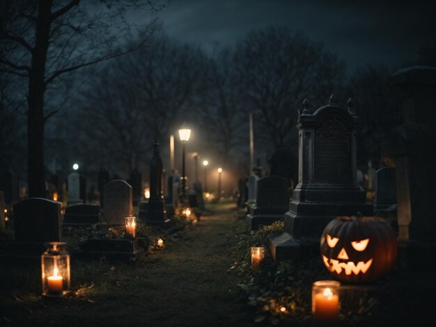 Photo scène de nuit d'halloween dans un cimetière