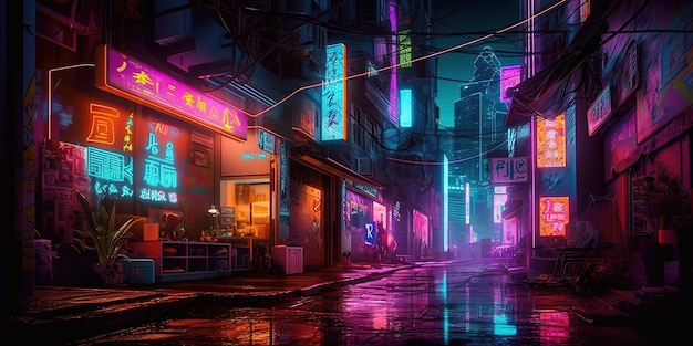 Photo scène de nuit ia générative de la ville après la pluie dans le style cyberpunk nostalgique futuriste des années 80 90