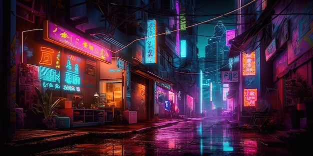 Scène de nuit IA générative de la ville après la pluie dans le style cyberpunk nostalgique futuriste des années 80 90