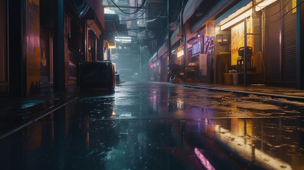 Scène de nuit IA générative de la ville après la pluie dans le style cyberpunk nostalgique futuriste des années 80 90