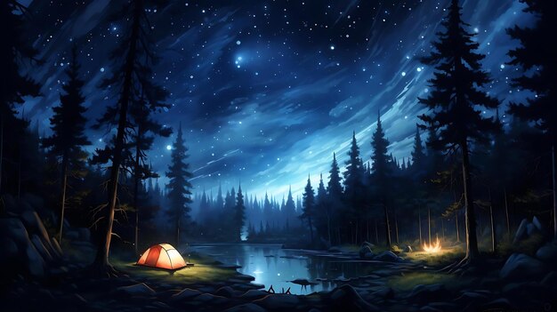 Une scène de nuit avec un lac et un feu de camp et des arbres