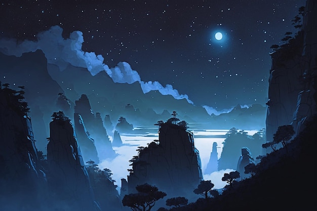Une scène de nuit avec une montagne et une lune dans le ciel.