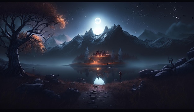 Une scène de nuit avec une montagne et une maison au premier plan.
