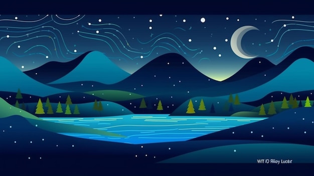 Une scène de nuit avec des montagnes et un lac avec une lune et des étoiles.