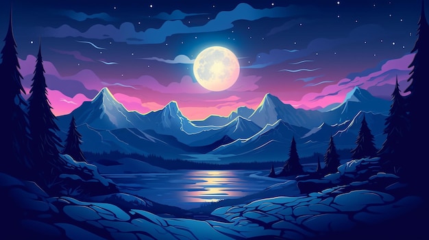 Une scène de nuit avec des montagnes et la lune