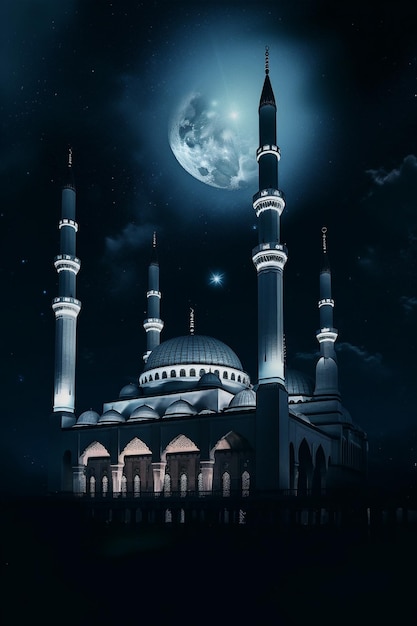 Une scène de nuit avec une mosquée bleue et la lune en arrière-plan