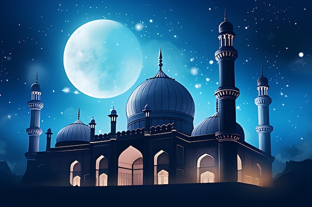 Une scène de nuit avec une mosquée et la lune en arrière-plan.