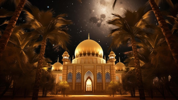 Une scène de nuit d'une mosquée avec une lune derrière elle