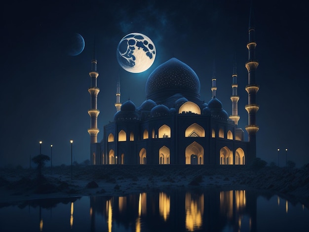 Une scène de nuit avec une mosquée et la lune