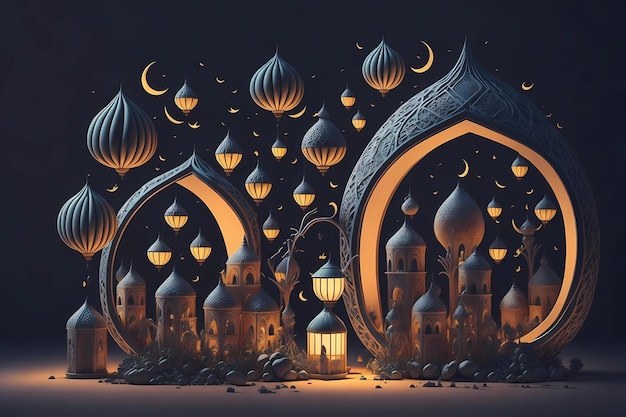 Une scène de nuit avec une mosquée et la lune.