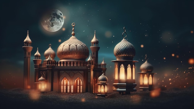 Une scène de nuit avec une mosquée et la lune