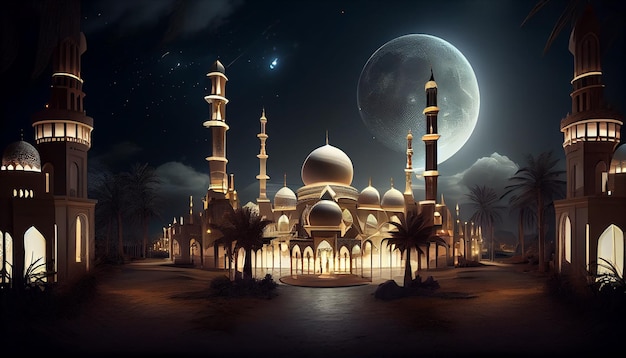 Une scène de nuit avec une mosquée et la lune