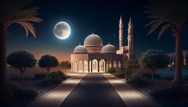 Une scène de nuit avec une mosquée et la lune