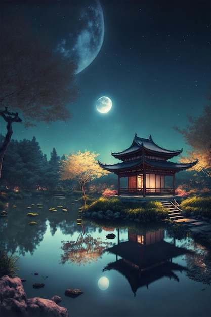 Scène de nuit avec une pagode et une ai générative de pleine lune