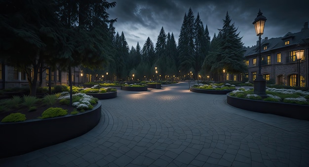 Une scène de nuit sombre d'un parc avec une allée bordée d'arbres et quelques lumières.