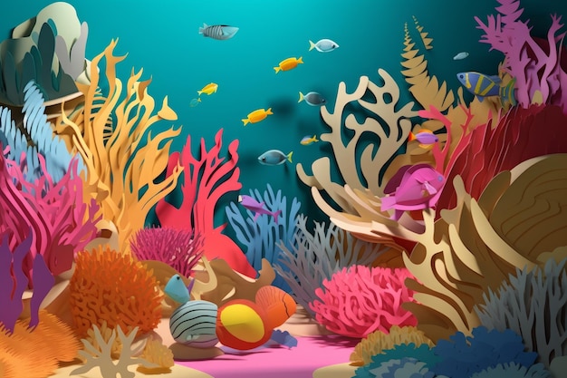Une scène océanique colorée avec un récif de corail et des poissons.