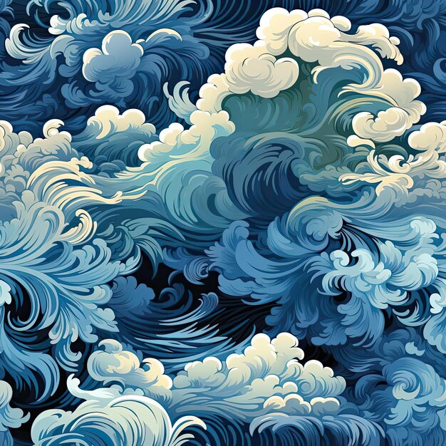 Scène océanique avec des vagues, des nuages et des compositions baroques carrelées