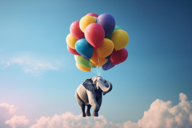 Scène onirique et surréaliste avec un éléphant et des ballons flottant en apesanteur dans le ciel