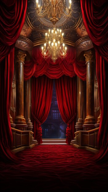 Photo une scène d'opéra de luxe en rouge et en or avec des rideaux de velours rouge et un lustre doré orné