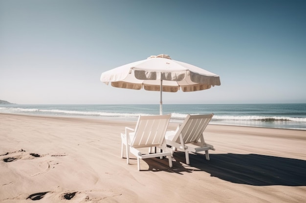 Une scène paisible avec deux chaises de plage et des parapluies surplombant l'océan calme