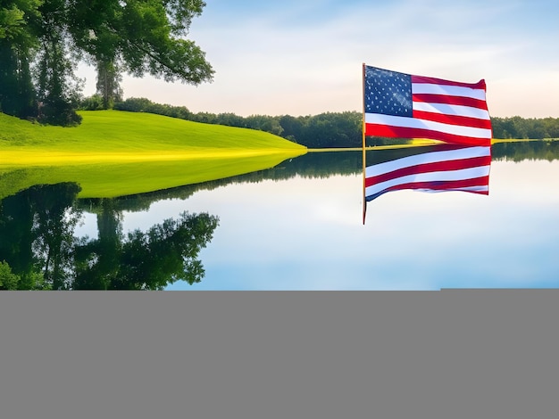 Une scène paisible d'un drapeau américain reflété dans un lac calme le jour du Memorial AI Generate