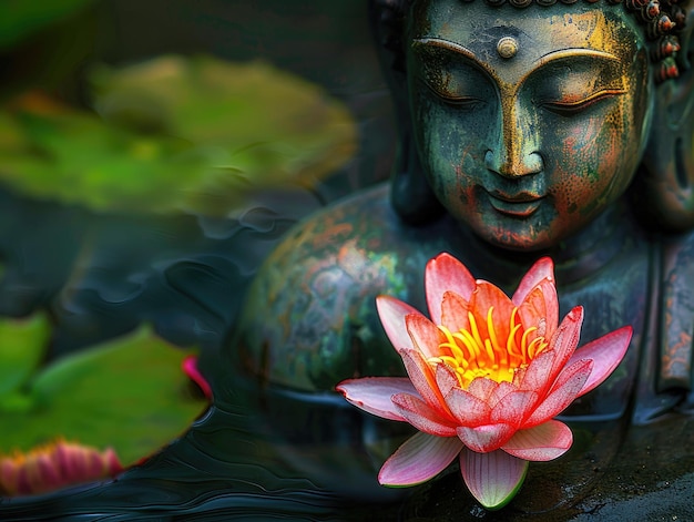 Une scène paisible mettant en vedette une statue de Bouddha assise à côté d'un beau lis d'eau symbolisant la tranquillité et la pureté