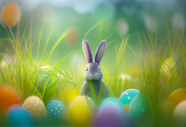 Scène de Pâques abstraite sans mise au point avec des oreilles de lapin derrière l'herbe et des œufs décorés dans un champ fleuri