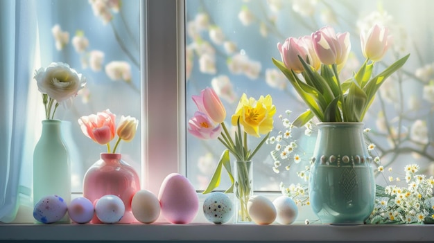 Scène de Pâques dans une cuisine avec des décorations, des œufs, des fleurs dans des vases, un fond de fête pastel clair.