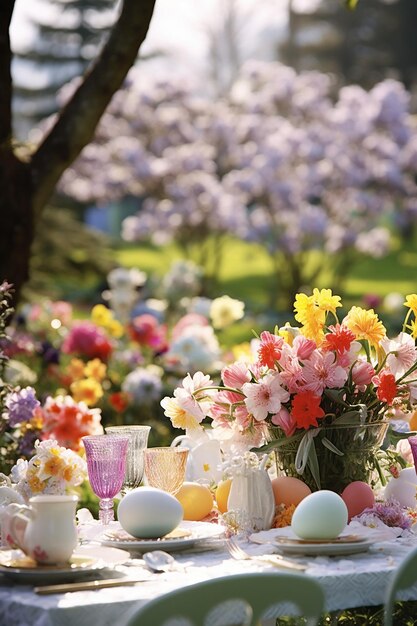 Scène de Pâques Un jardin de printemps vibrant rempli de fleurs colorées en pleine floraison