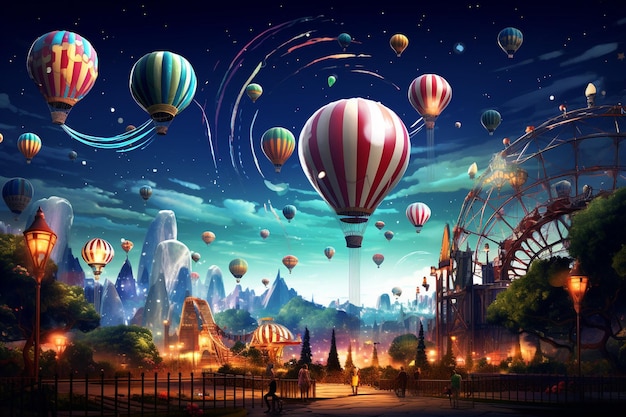 Scène de parc d'attractions la nuit avec des ballons et la lune dans le ciel