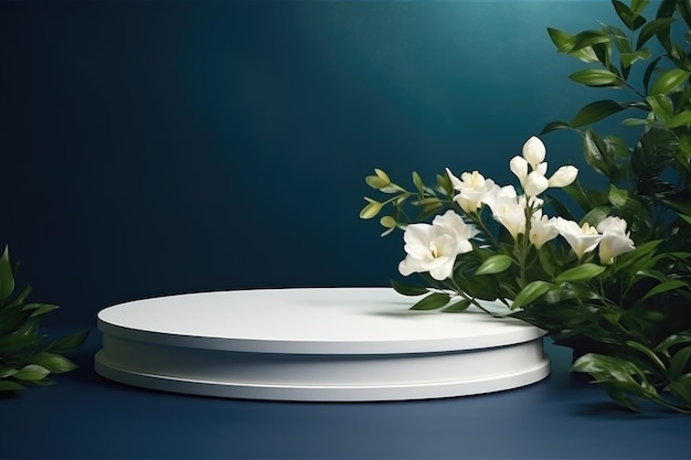 La scène parfaite pour la beauté Une superbe nature morte d'un podium blanc orné de fleurs de Freesia a