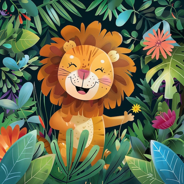 Scène passionnante de la jungle avec un dessin numérique d'un lion enjoué